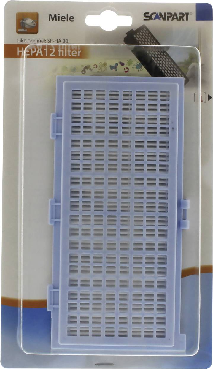 Miele Scanpart HEPA12 filter v balení s modrým mriežkovým dizajnom, vhodný pre vysávač SE-HA 30.