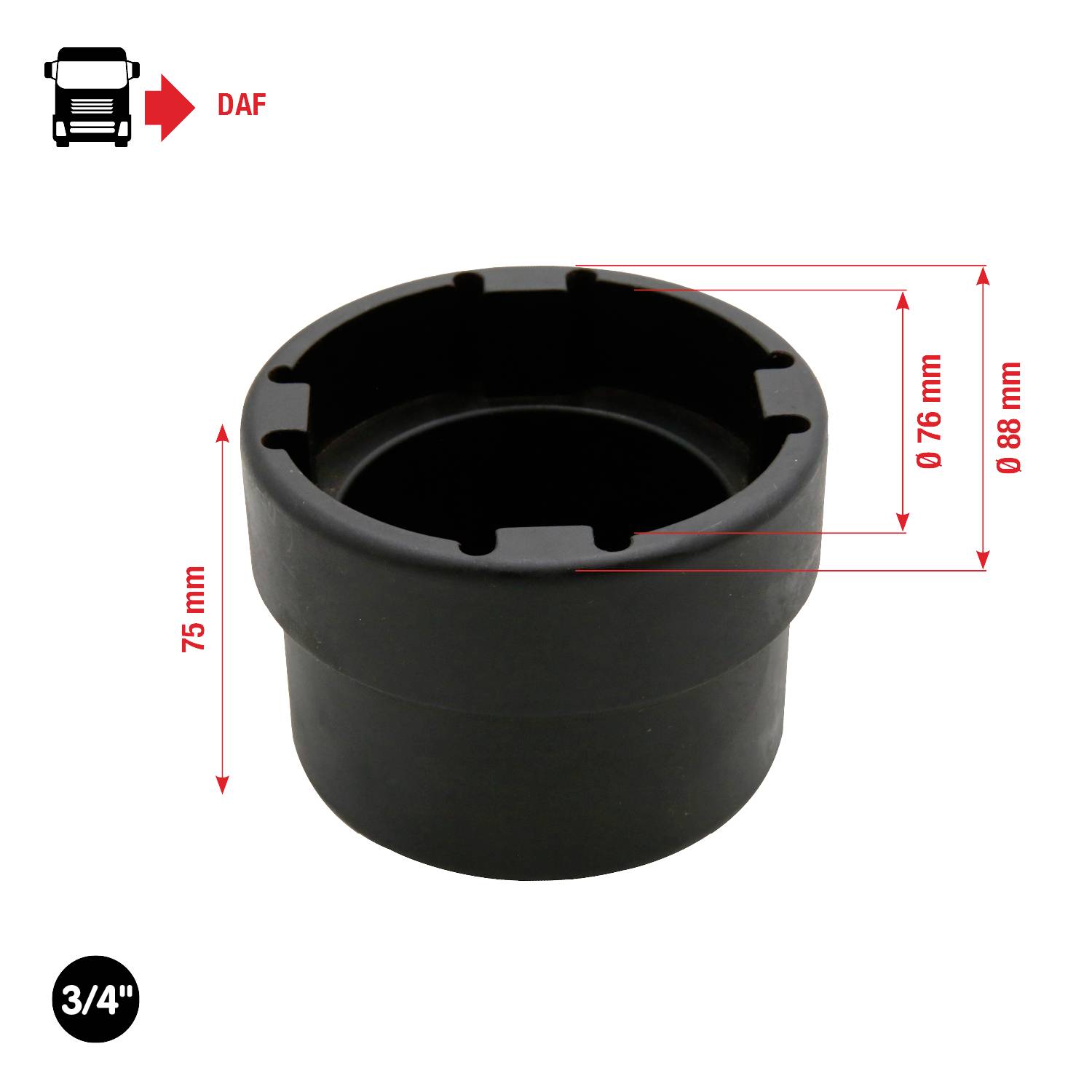 DAF olejový filter - kryt, čierny, s nápisom 'DAF', rozmery: 76 mm a 88 mm priemer, 75 mm výška, veľkosť 3/4 palca na okraji.