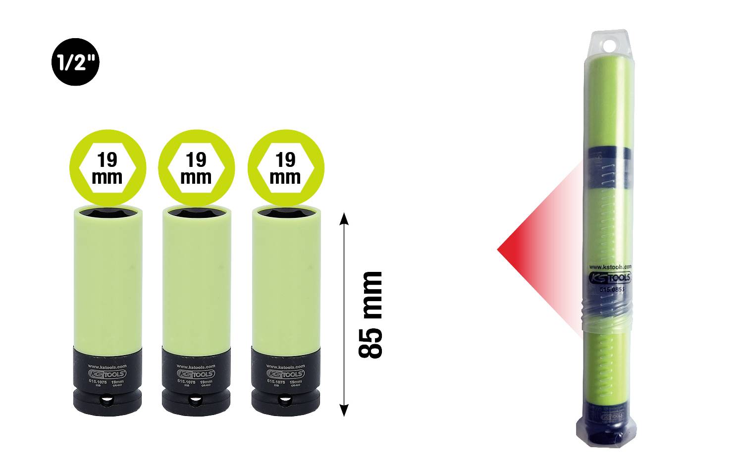 'Tri zelené skrutkovacie diely, veľkosť 1/2", priemer 19 mm, dĺžka 85 mm. Zabalené v priehľadnom obale.'