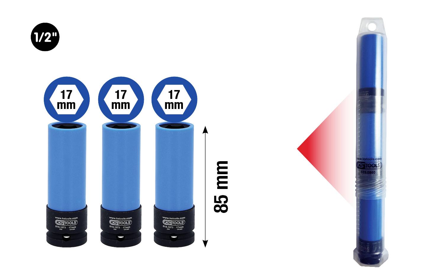 'Tri modré skrutkovacie matice, 17 mm, 85 mm vysoké, s 1/2" pripojením. Vpravo: jednotlivé balenie s červenou šípkou. Ideálne pre skrutkovanie.'