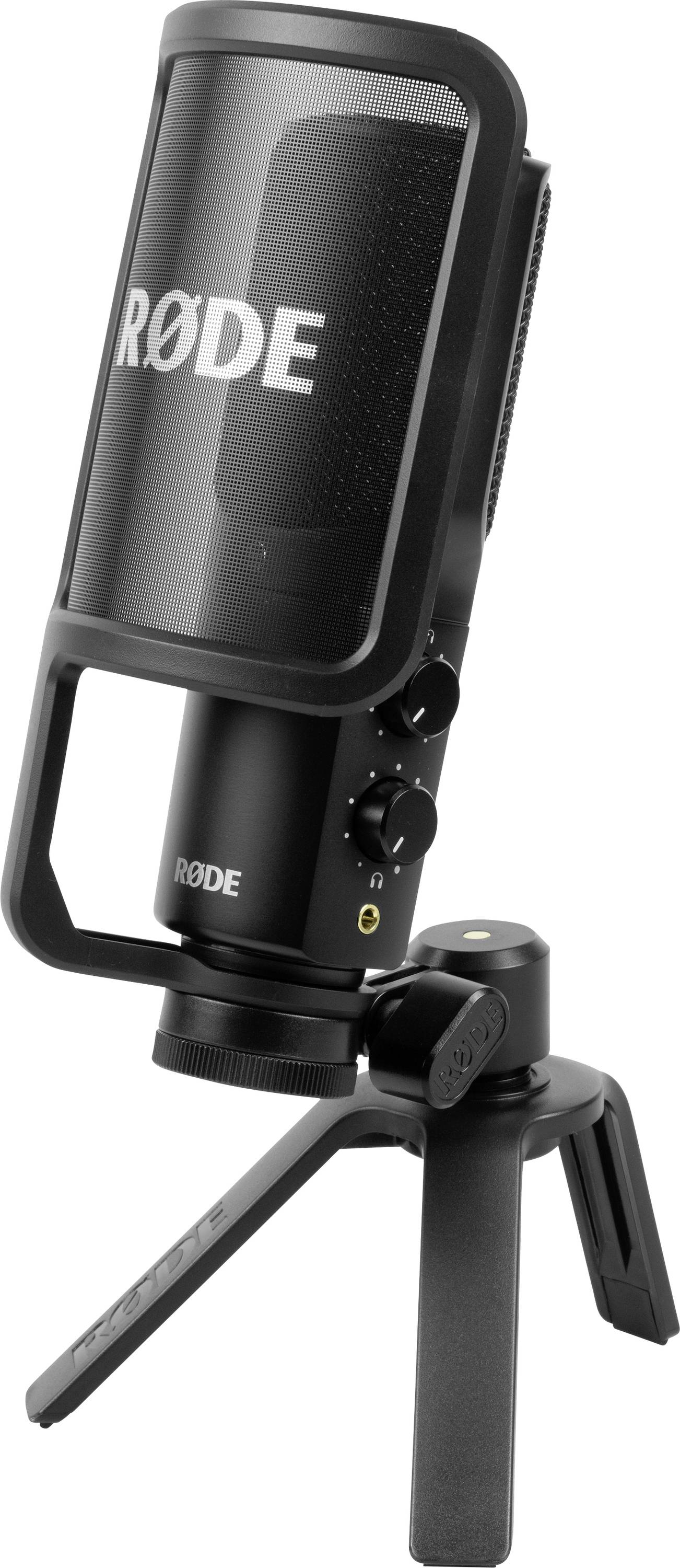 Čierna mikrofón značky RØDE na stolnej podložke, ideálny pre zvukové nahrávky v štúdiovej kvalite.
