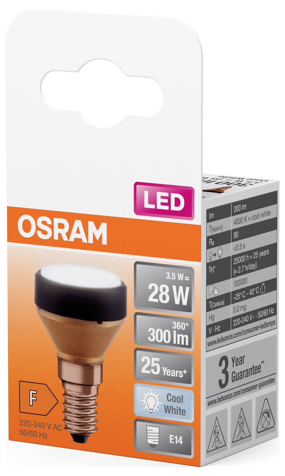 Balenie LED žiarovky Osram. Špecifikácie: 3,5 W, náhrada za 28 W, 300 lm, 25 rokov, studená biela, pätica E14.