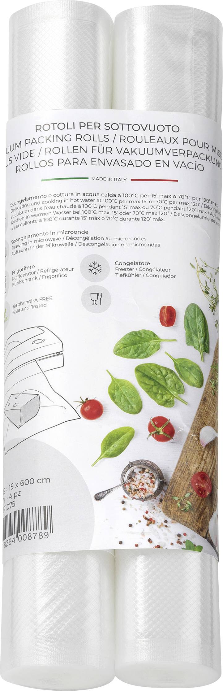 Dve vákuovo balené rolky na obale s obrázkami čerstvých ingrediencií, ako je bazalka a paradajky; nápis v taliančine.