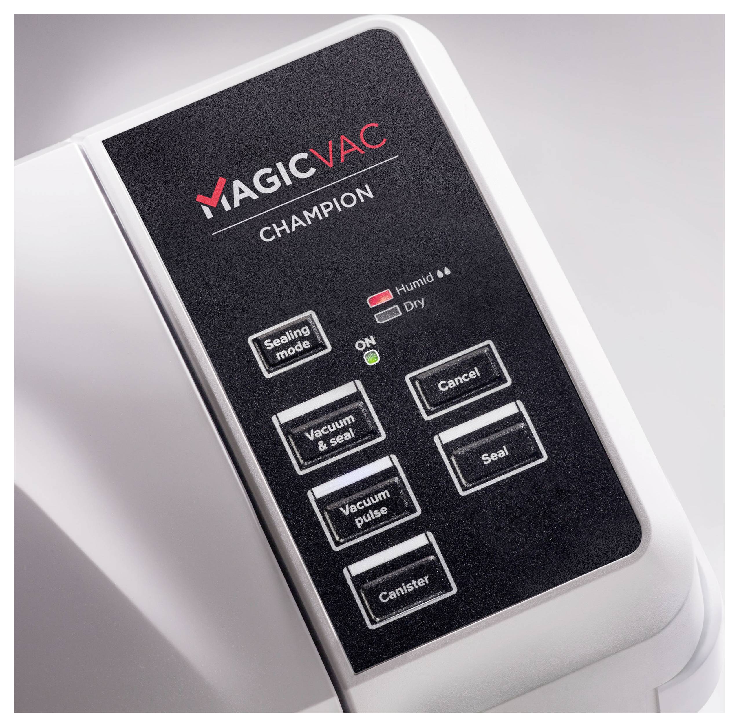 Ovládací panel zariadenia na vákuové balenie Magic Vac Champion s tlačidlami pre režim tesnenia, vákuové a tesniace funkcie.