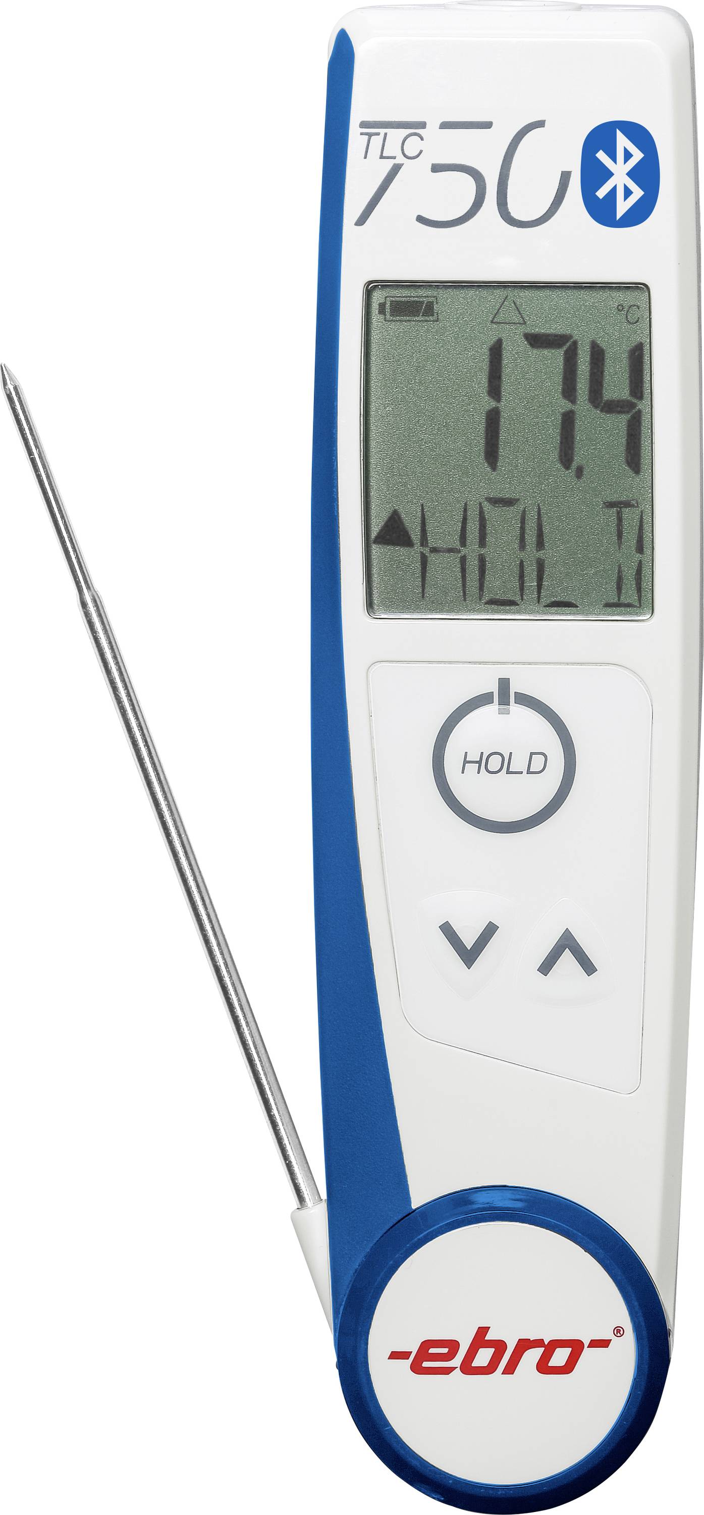 Digitálny teplomer s kovovým snímačom; displej zobrazuje 17,4°C a 'HOLD'. Symbol Bluetooth a značka 'ebro' sú viditeľné.