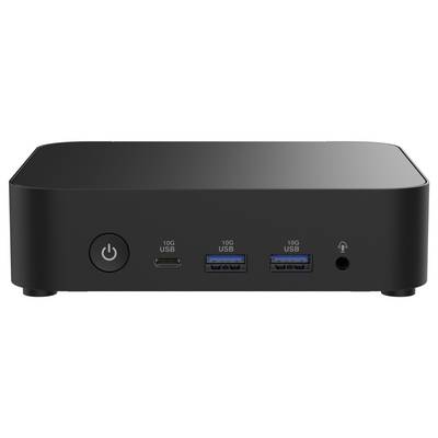 Čierna počítačová dokovacia stanica s sieťovým spínačom, dvoma 10G USB portami vľavo a vpravo, dvoma modrými 10G USB portami a portom pre slúchadlá.