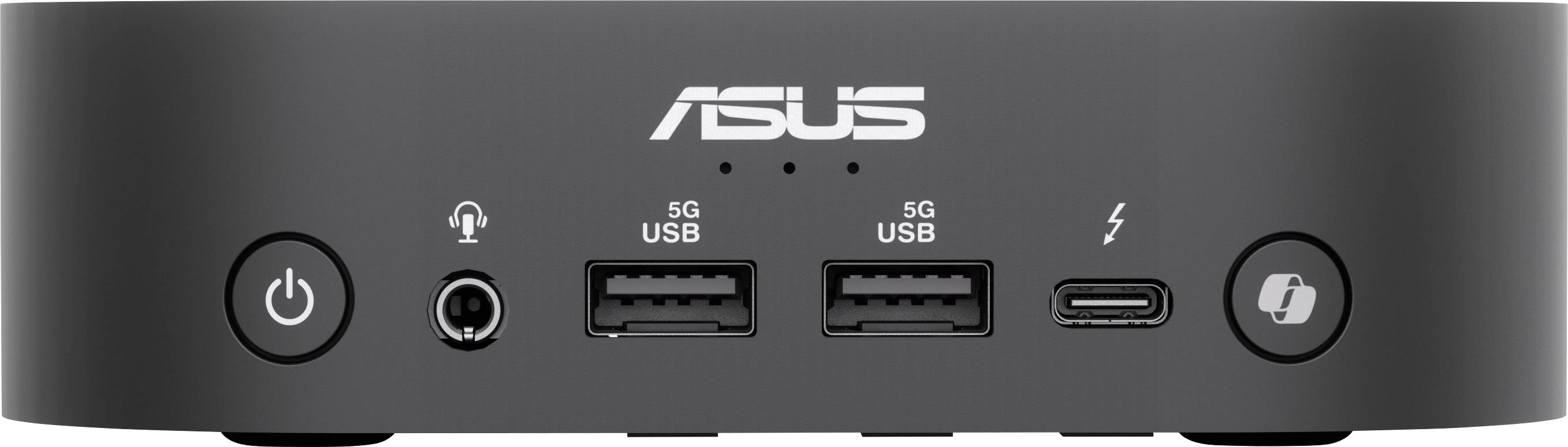 Čierny ASUS mini počítač s dvoma USB portami, audio portom, USB-C portom a tlačidlom napájania na prednej strane.