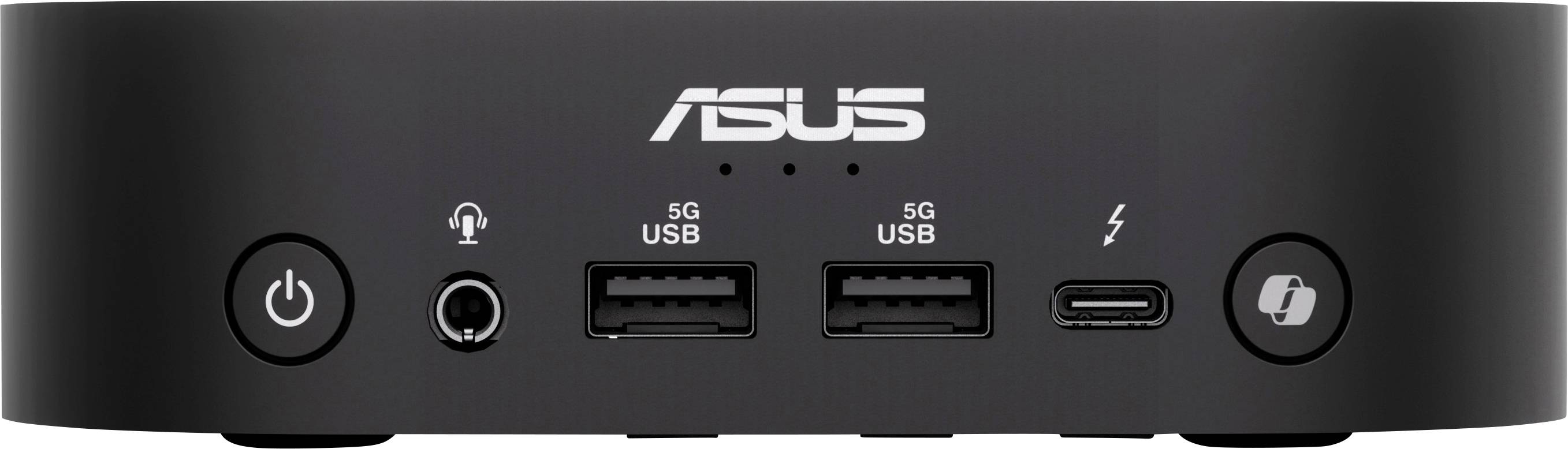 Čierny ASUS mini počítač s portami: napájacia tlačidlo, zdierka pre slúchadlá, dva USB 3.0 porty, USB-C port, čítačka kariet.