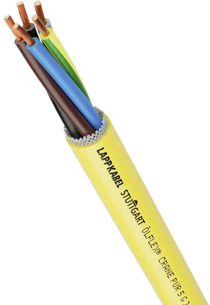 Viacžilový elektrický kábel so žltou izoláciou a viacerými farebnými medenými vodičmi. Text na kábli: 'LAPP KABEL STUTTGART ÖLFLEX'.