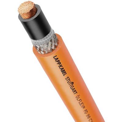 Oranžový priemyselný elektrický kábel s nápisom 'LAPP KABEL STUTTGART' zobrazuje prierez medeného vodiča.