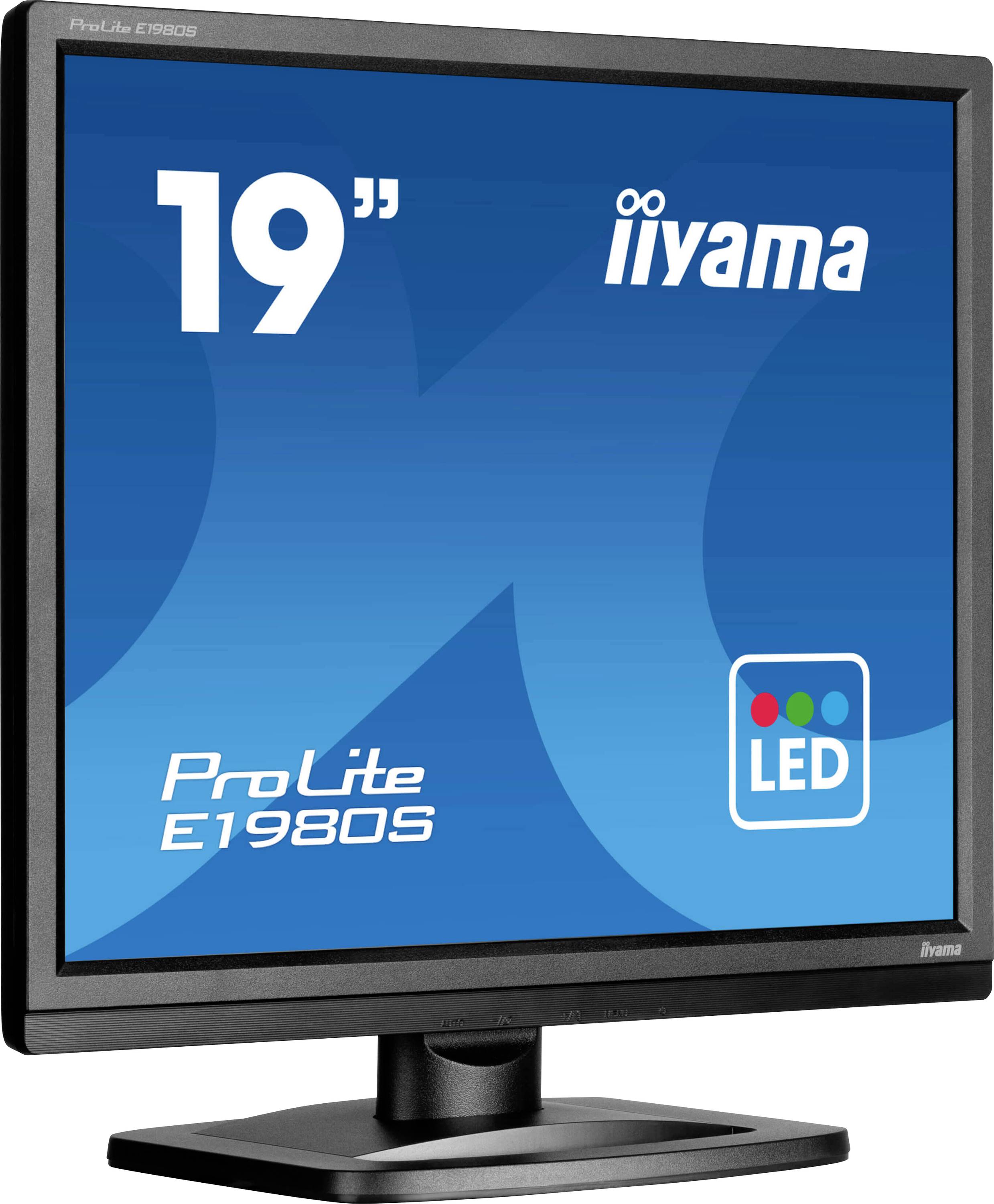 Monitor zobrazuje šetrič obrazovky s nápisom '19" ProLite E1980S' a logom iiyama. LED technológia je zvýraznená.