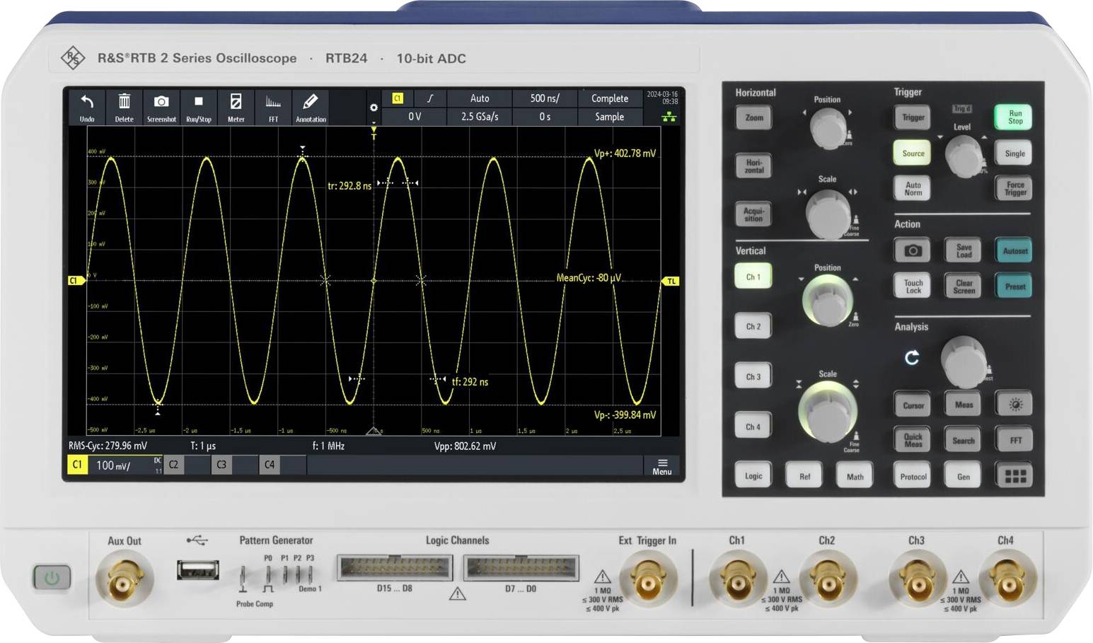 Rohde & Schwarz R&S®RTB24-100 digitálny osciloskop 100 MHz 20 Mpts 10 Bit digitálne pamäťové médium (DSO), generátor funkcií, mixovaný signál (MSO) 1 ks