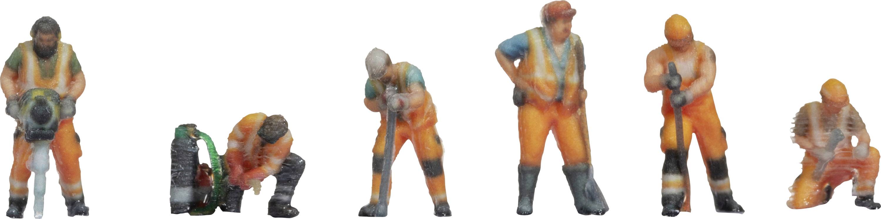 Šesť miniatúrnych figúrok v oranžových pracovných oblekoch, ktoré vykonávajú rôzne stavebné práce, ako je vŕtanie, kladenie a prenášanie náradia.