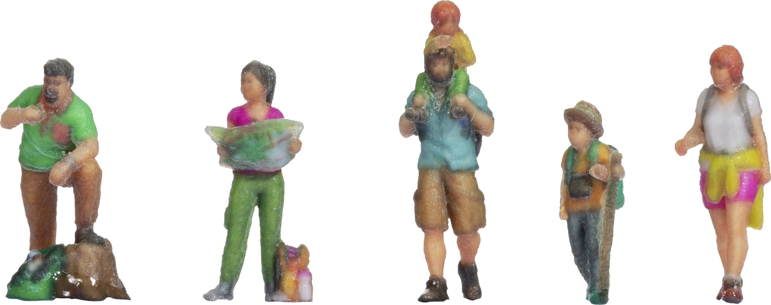 Päť miniatúrnych figúrok predstavujúcich skupinu turistov: Jedna osoba pije, jedna číta mapu, jedna nesie dieťa a dve ďalšie kráčajú pešo.
