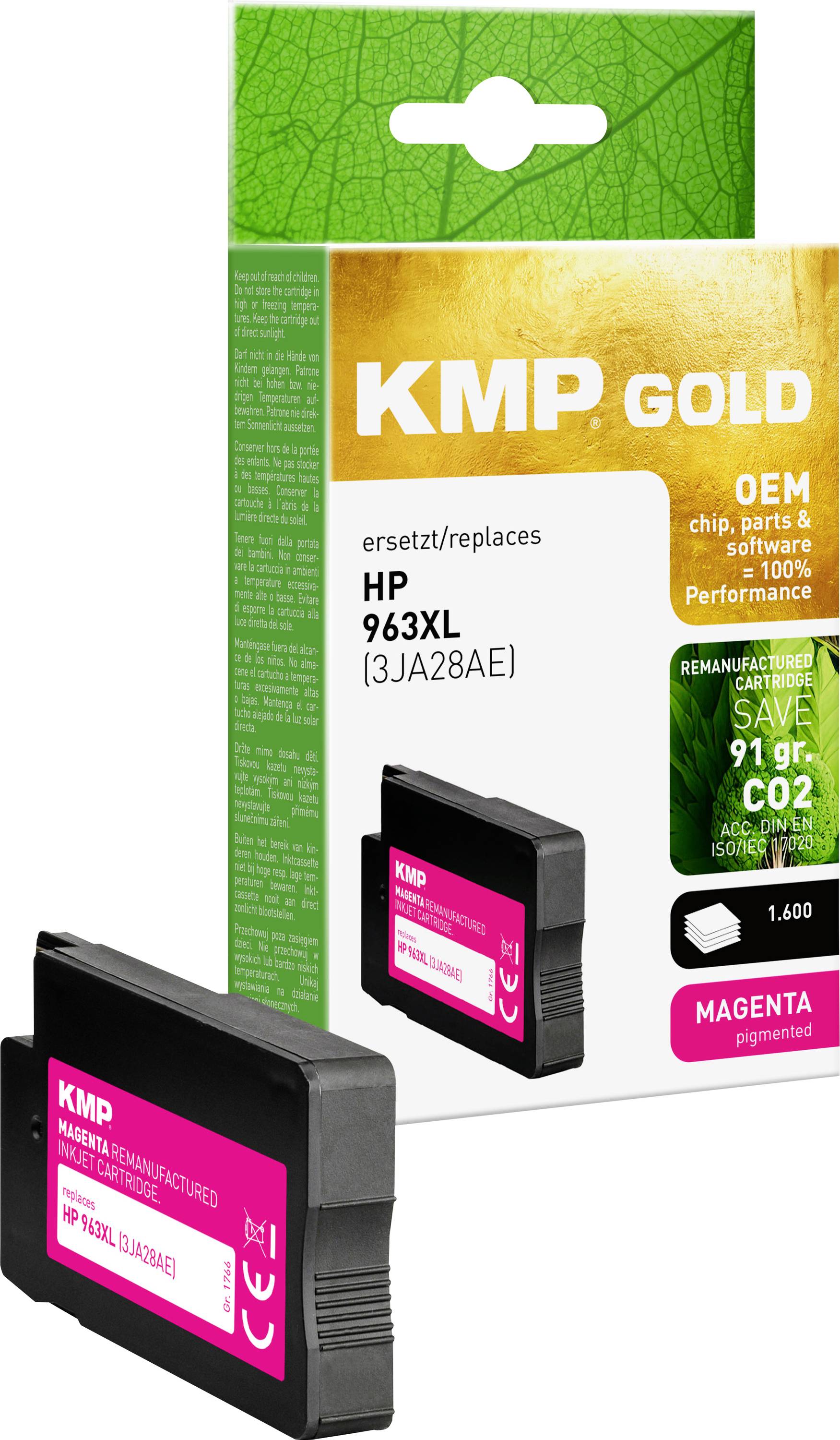 'KMP Gold HP 963XL Purpurová kazeta s ekologickým obalom, repasovaná so zámerom úspory 91g CO2, poskytuje až 1 600 strán.'