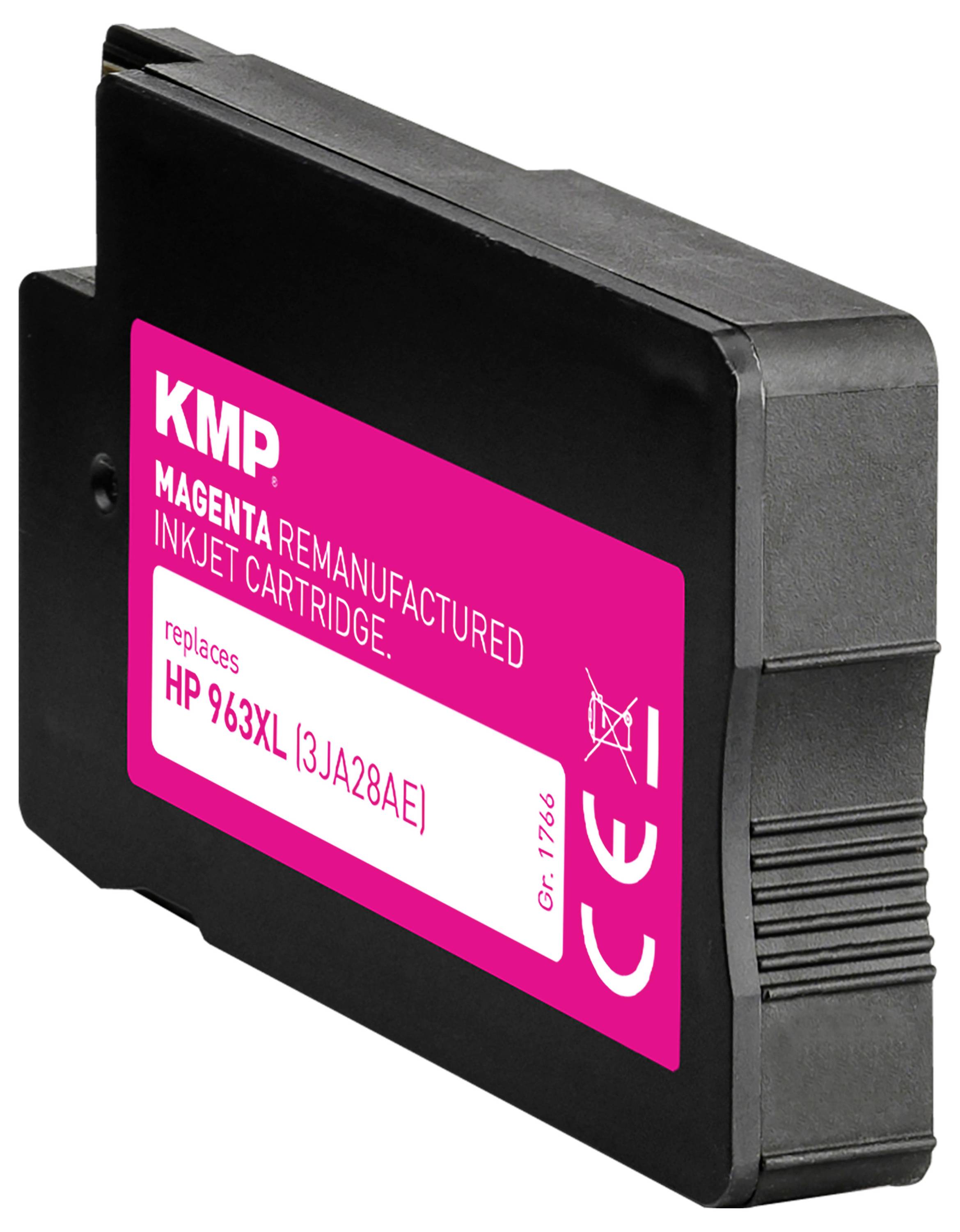 Čierny remanufaktúrovaný atramentový cartridge značky KMP s ružovou etiketou s označením 'nahrádza HP 963XL (3JA28AE)', vhodný pre tlačiarne HP.