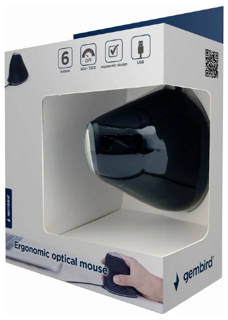 Ergonomická optická myš od spoločnosti Gembird v čiernej farbe, dodávaná v balení s USB pripojením a nastaviteľným DPI.