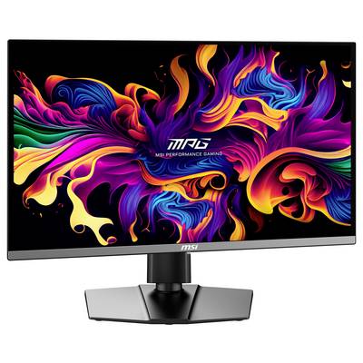 Herný monitor s živým, abstraktným, farebným pozadím na obrazovke a logom 'MPG Performance Gaming'.