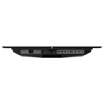 Pohľad zozadu na monitor s rôznymi portami: HDMI, USB, Audio. Dizajn je štíhly a moderný.