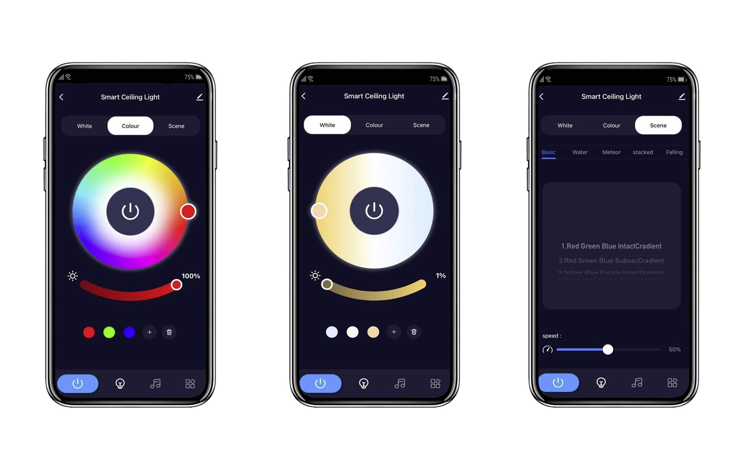 Mobilná aplikácia pre ovládanie inteligentného stropného svetla. Tri obrazovky zobrazujú výber farby pomocou kolieska, nastavenie jasu a možnosti nastavení.