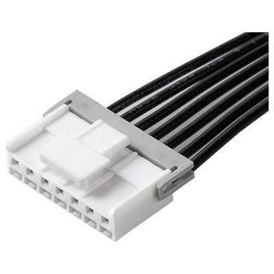 Desaťkolíkový biely elektrický konektor s čiernymi vodičmi používaný na interné napájané spojenia v počítačovom hardvéri.