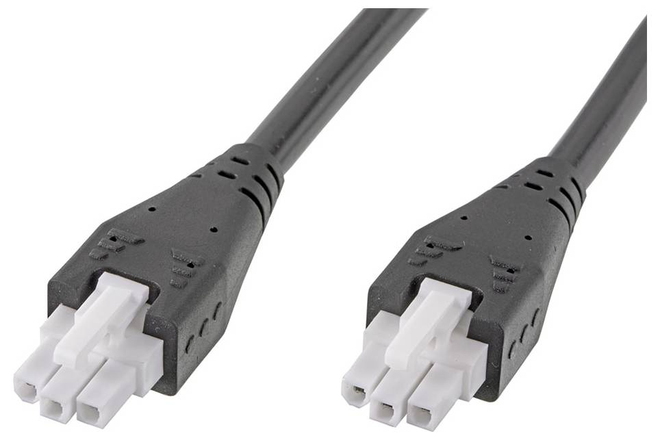 Čierny kábel s dvomi bielymi konektormi, každý s tromi pinmi. Používa sa pre elektronické zariadenia alebo počítačové komponenty.