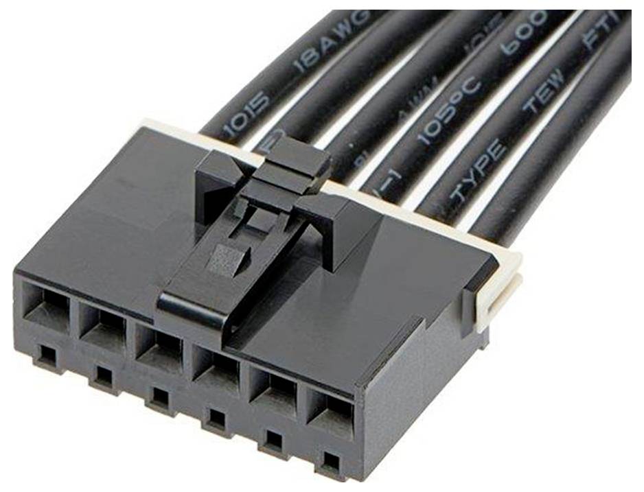 Čierny elektrický konektor s viacerými káblami, vhodný pre pripojenie v zariadení alebo elektronickej komponente.