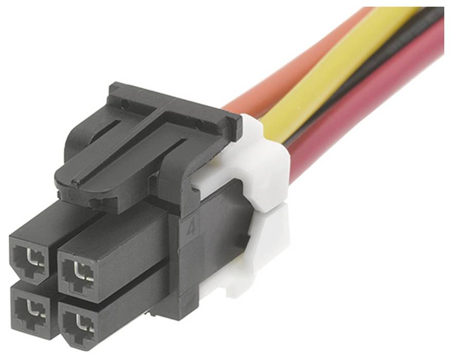Čierny 6-pólový Molex Mini-Fit Jr. konektor s červenými, čiernymi a žltými káblami. Používaný v počítačových napájacích zdrojoch.
