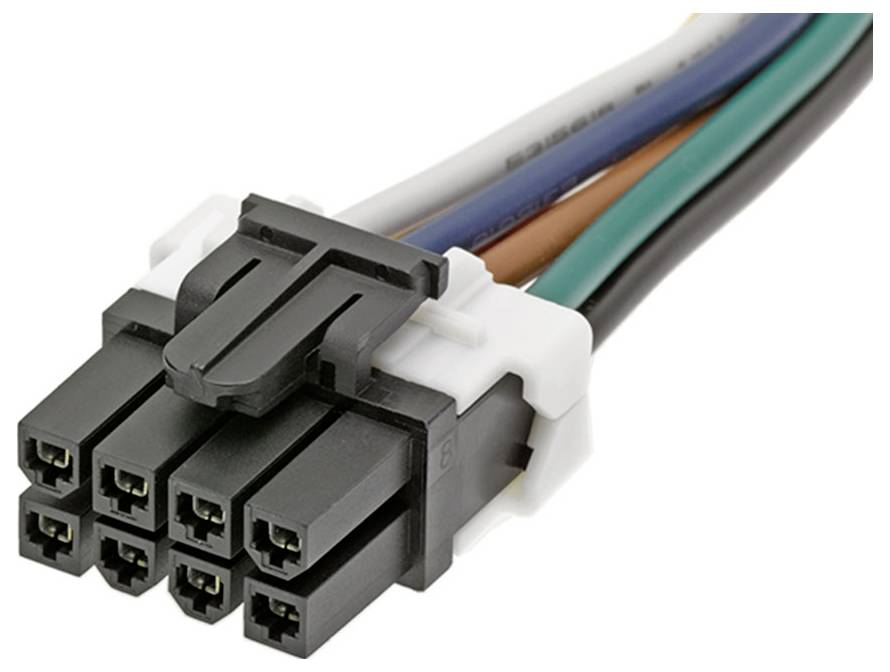 Šesťpólový konektor s farebnými káblami v čiernej, hnedej, zelenej, modrej a bielej farbe. Používaný pre elektronické prepojenia.