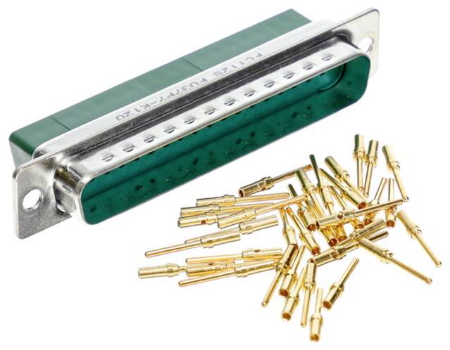 Malý béžový a hnedý elektronický konektor používaný na ploché káble, s viacerými malými kolíkmi a obdĺžnikovým tvarom.