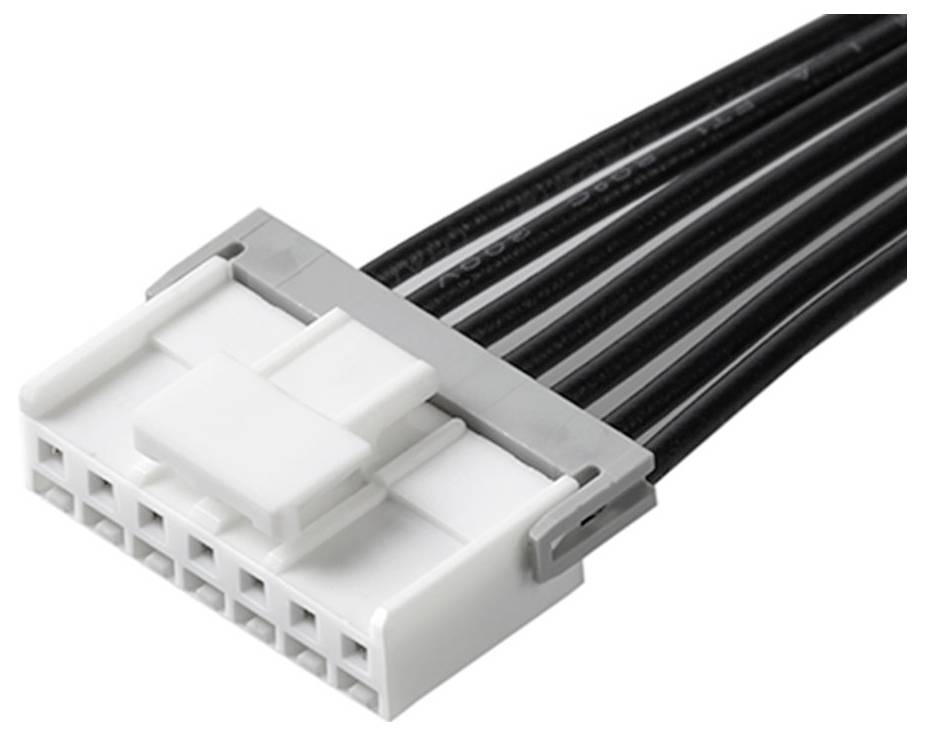 Biely konektor s viacerými čiernymi káblami, ktorý sa používa na elektronické prepojenia.