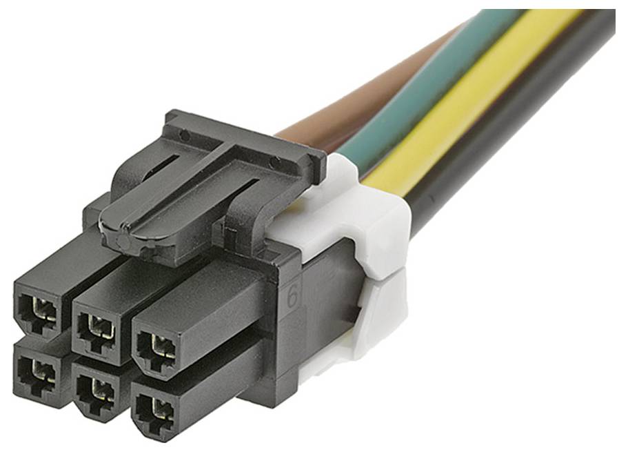 Šesťpólová elektrická zástrčka s farebnými vodičmi v čiernej, hnedej, žltej a zeleno-párovanej farbe v plastovom obale.