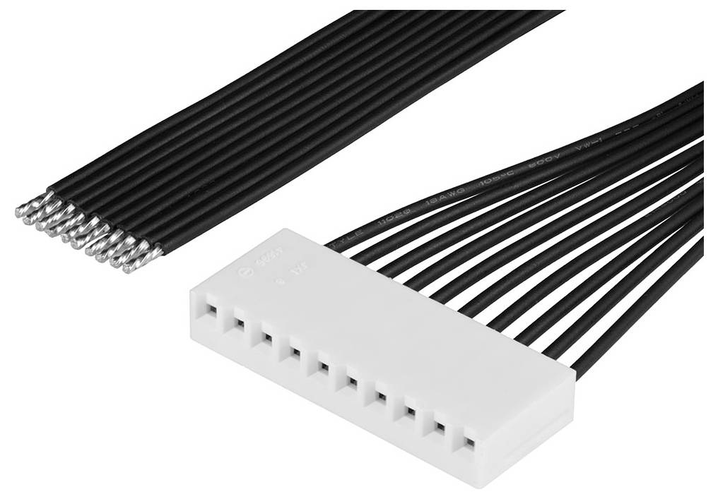 Biely elektrický konektor s viacerými čiernymi káblami, ktoré v ňom končia. Vhodný pre elektronické prepojenia.