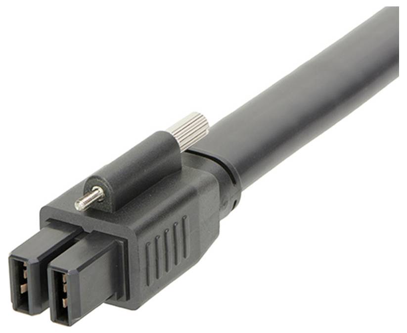 Čierny elektrický kábel s štvorcovou, dvojpólovou zástrčkou a strieborným uzatváracím mechanizmom.