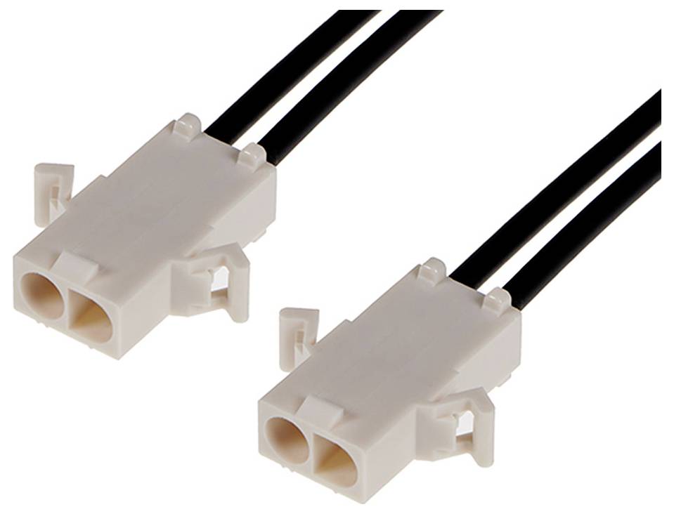 Dva biele, dvojpólové plastové konektory s čiernymi vodičmi na elektrické prepojenie.