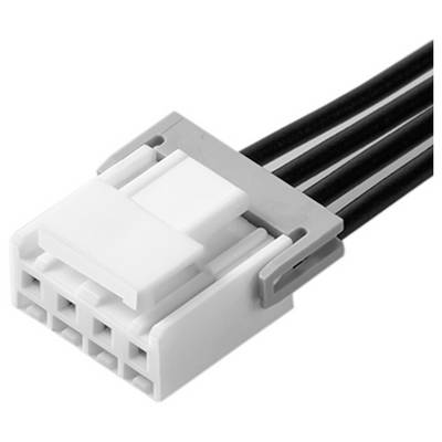 Biely plastový konektor so šiestimi štrbinami a pripojenými čiernymi vodičmi, používaný na elektrické alebo elektronické spojenia.