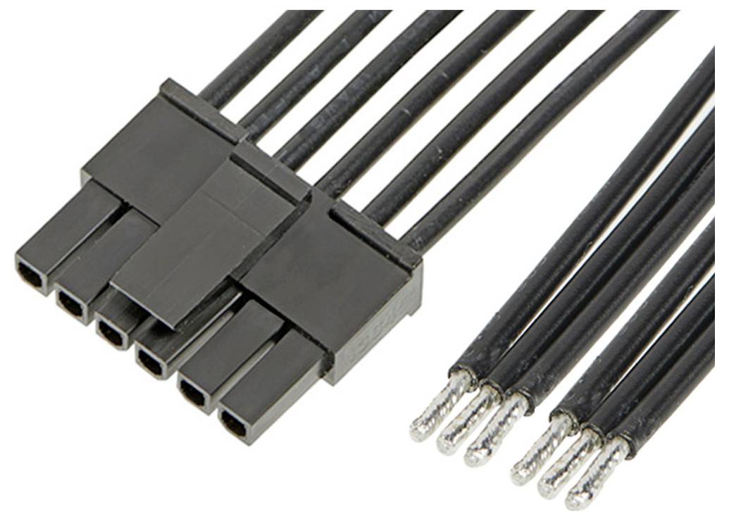 Čierny elektrický konektor s piatimi káblami, ktoré sa končia v jednom puzdre. Vhodný pre elektronické prepojenia.
