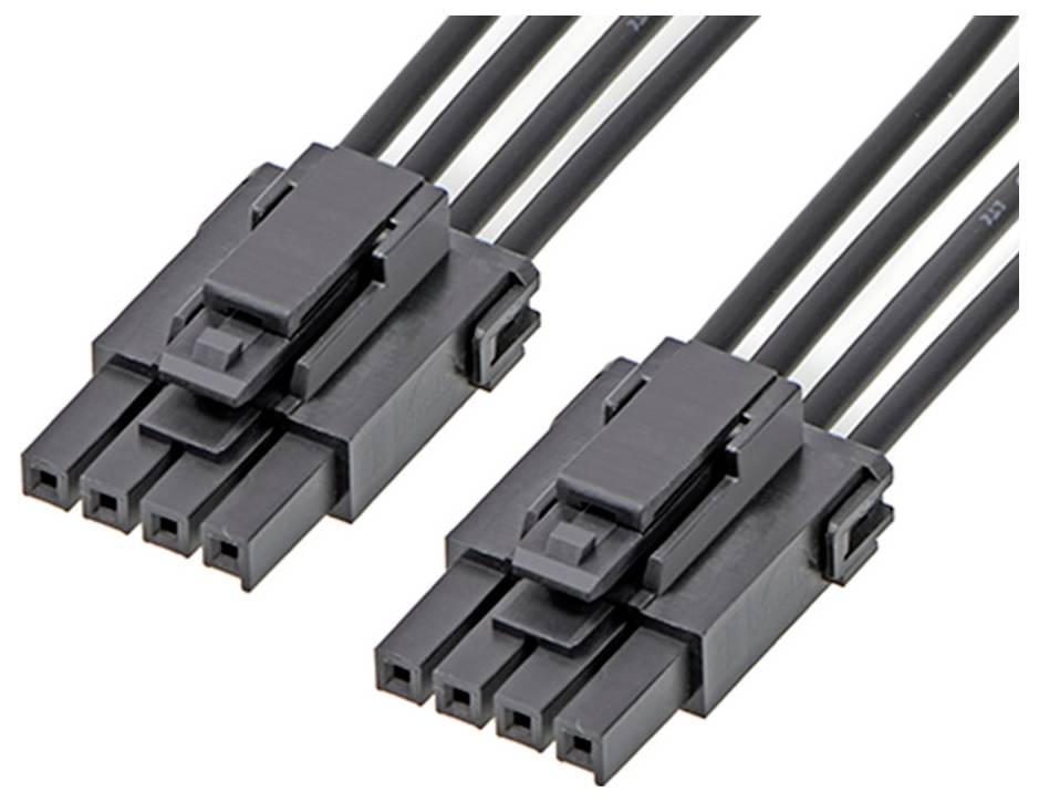 Dva čierne konektory, každý so štyrmi káblami, ktoré sa používajú na elektrické prepojenia.