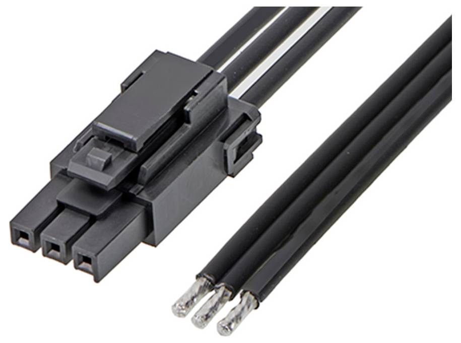 Čierny trojpólový konektor s káblami. Vhodný pre elektrické pripojenia v elektronických zariadeniach.