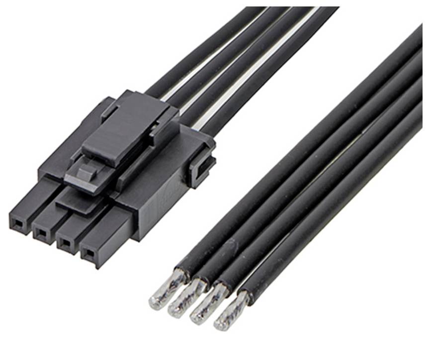 Čierny 4-pólový konektor a neprepojené konce vodičov, pripravené na pripojenie k elektrickým komponentom.