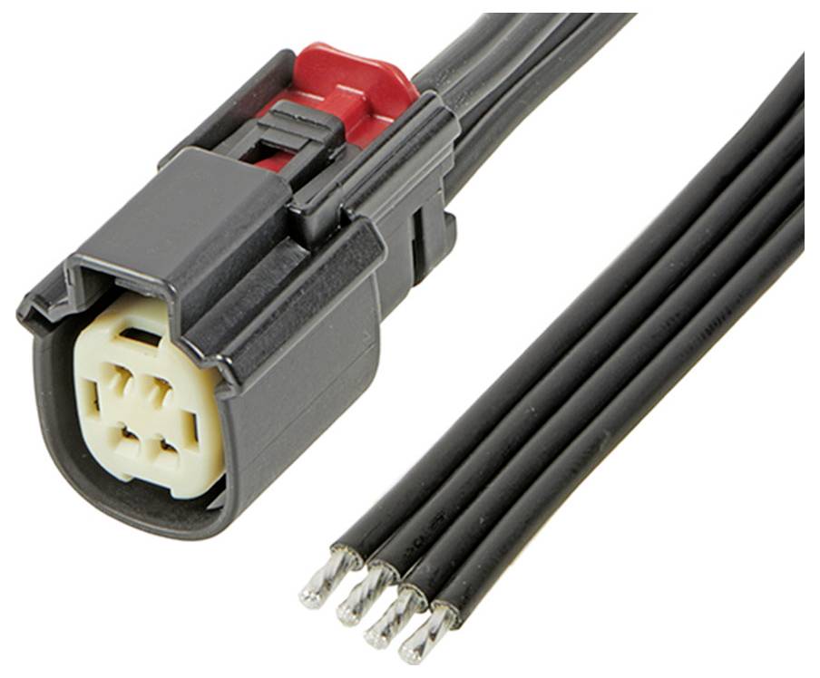 Čierny viacnásobný konektor so štyrmi voľnými koncami káblov, vhodný pre elektronické prepojenia a inštalácie.