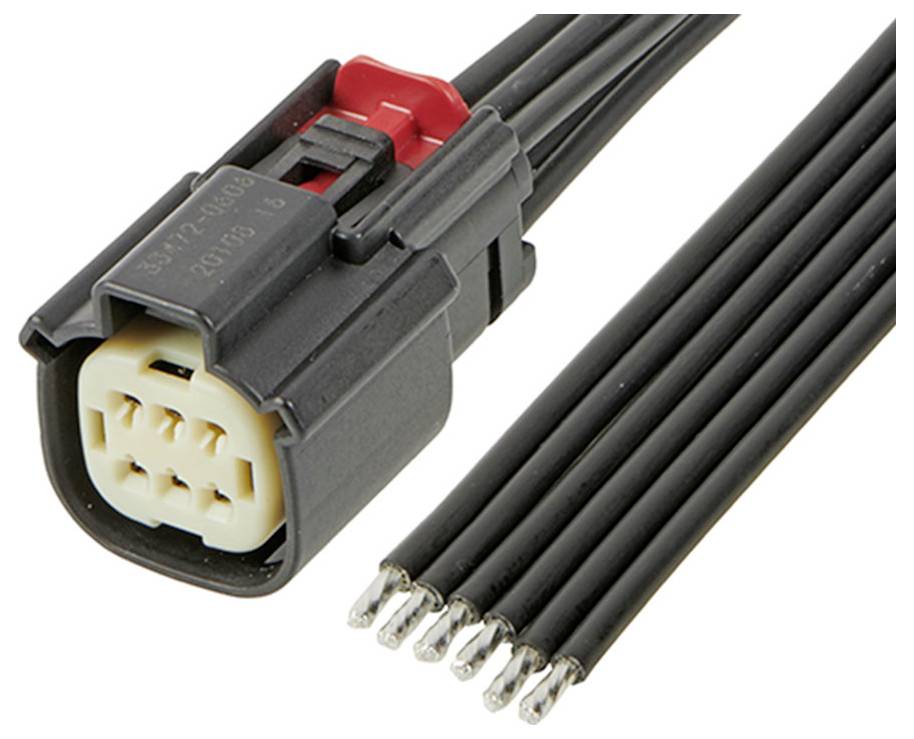 Čierny elektrický konektor so šiestimi pólmi a dlhými medenými vodičmi, vhodný pre elektronické zapojenia.