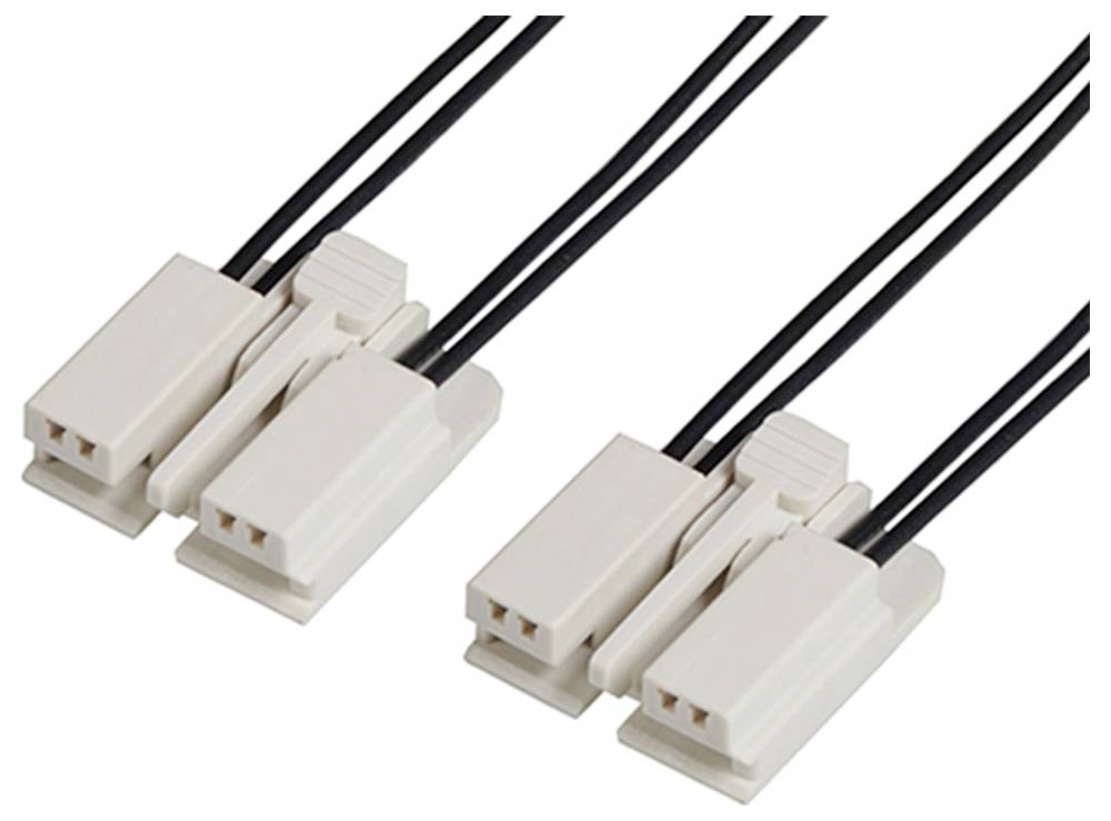 Dva biele konektory, každý s dvoma čiernymi káblami, ktoré prebiehajú paralelne vedľa seba. Elektrické spojovacie komponenty.