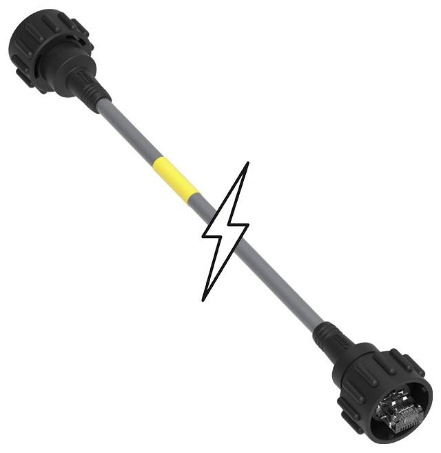 Čierny kábel so zástrčkami na oboch koncoch a žltým pruhom uprostred. Vedľa je symbol blesku, ktorý naznačuje elektrinu.