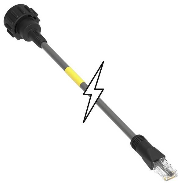 Ethernetový kábel so symbolom blesku v strede, ktorý naznačuje rýchle alebo silné pripojenie.