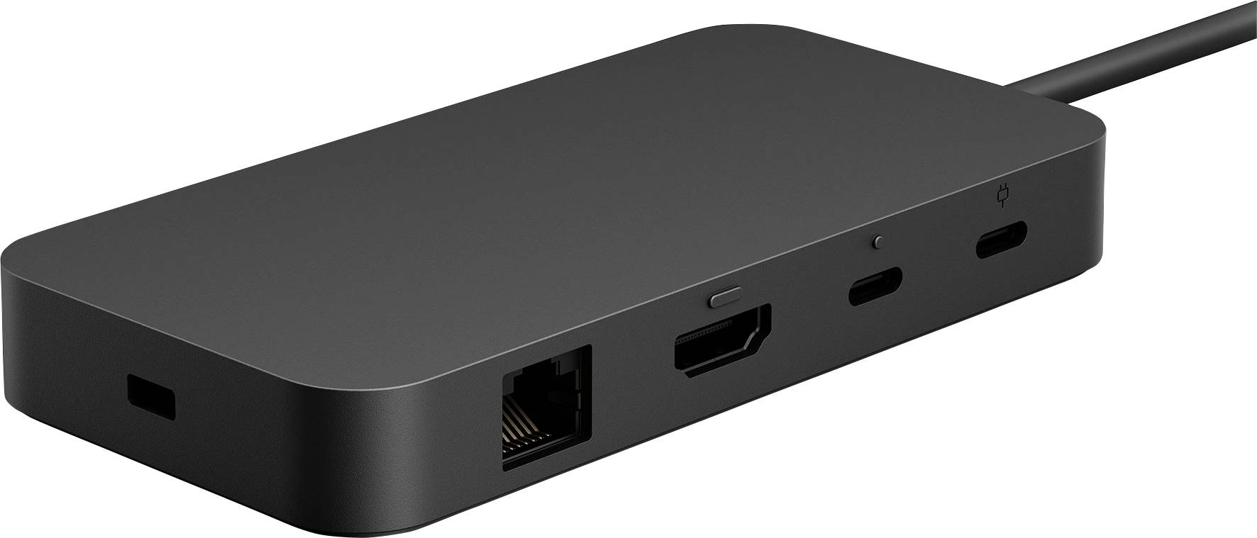 Čierna dokovacia stanica USB-C s viacerými portami: Ethernet, HDMI a dva USB-C porty, vhodná pre pripojenie laptopov.