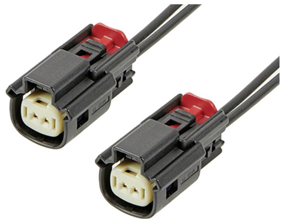 Dva čierne elektrické konektory so červenými zámkami a žltým vnútorným vybavením, na bielom pozadí.