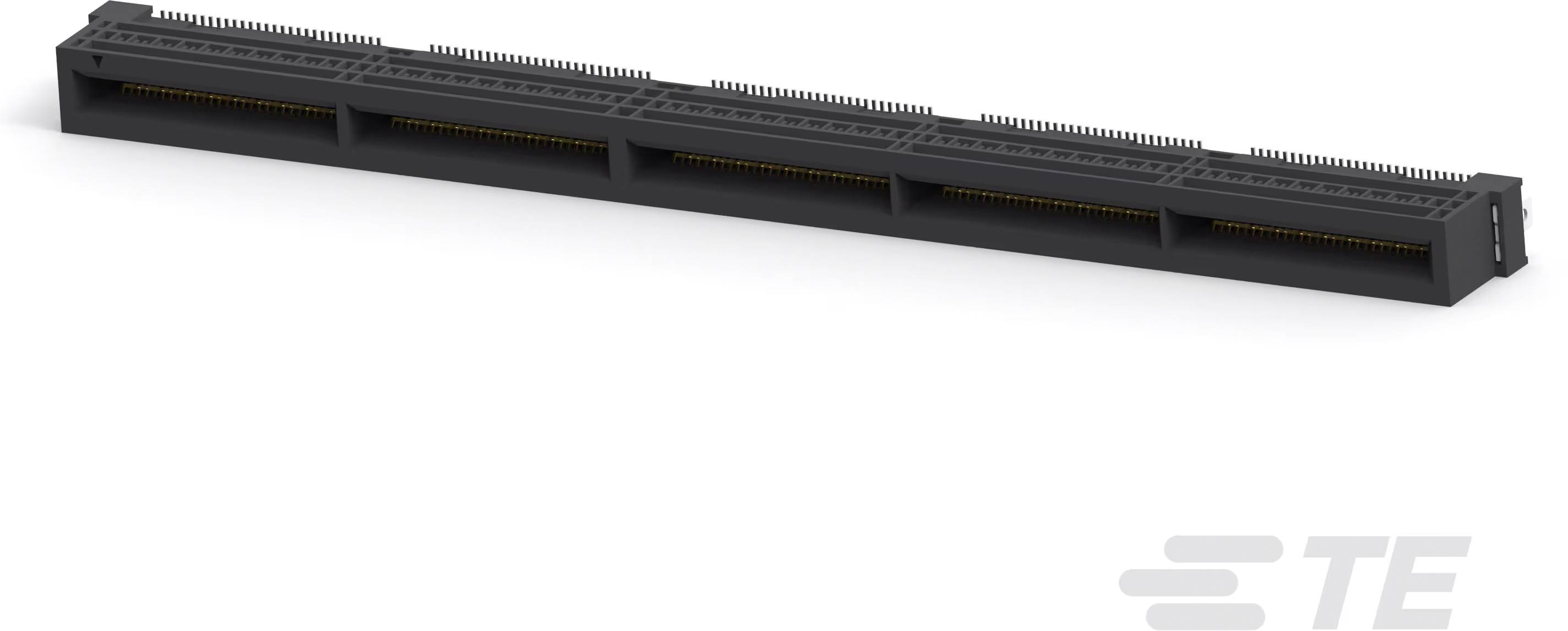 Podlhovastý čierny elektronický konektor s viacerými kontaktnými otvormi, znázornený v miernom uhle.
