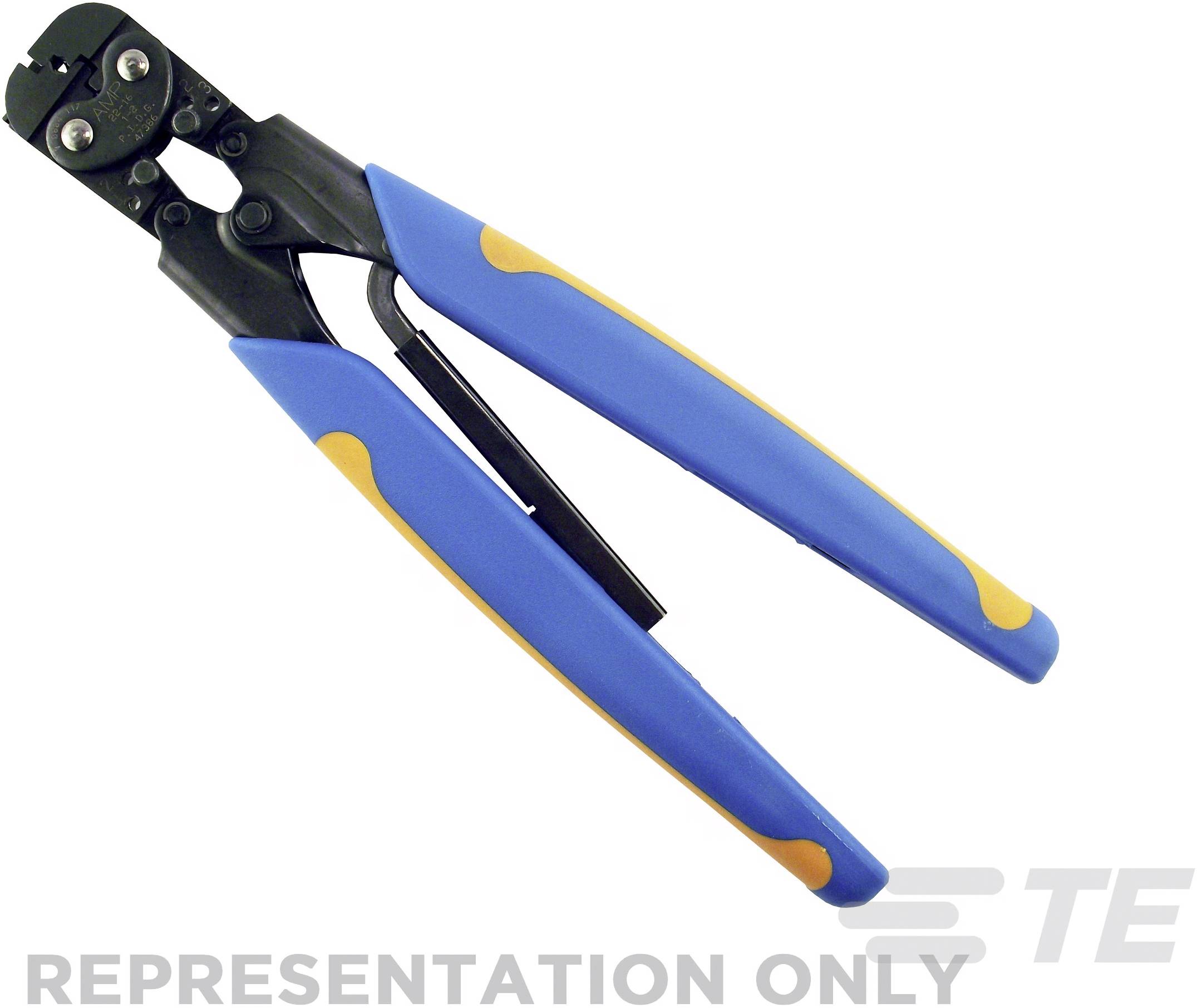 Krimpovacie kliešte s modrými a oranžovými rukoväťami, používané na pripojenie elektrických konektorov na koncoch káblov.