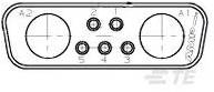 Diagram elektrického konektora so šiestimi kolíkmi, dvomi veľkými kruhovými a štyrmi malými vertikálnymi radmi